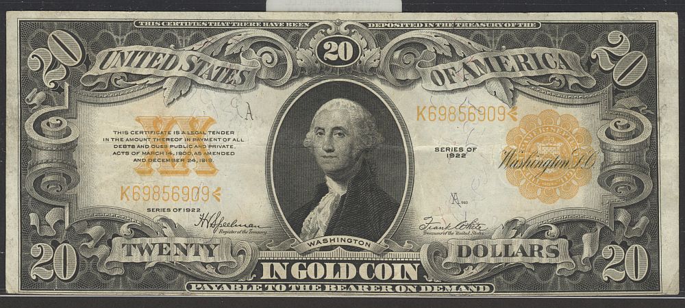 Fr.1187, 1922 $20 Gold Certificate, K69856909, VF/XF